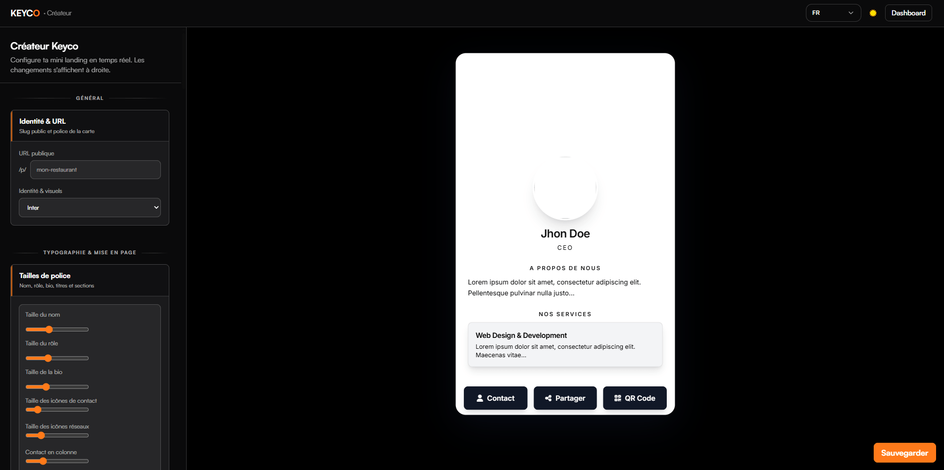 Interface du builder KEYCO avec éditeur et prévisualisation